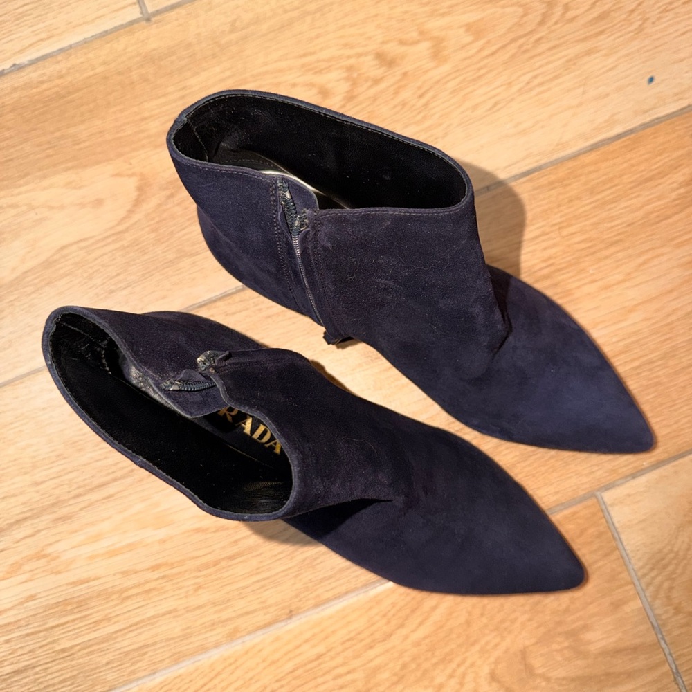 Prada Navy Suede Kitten Heel Ankle Boots - Picture 5 of 8